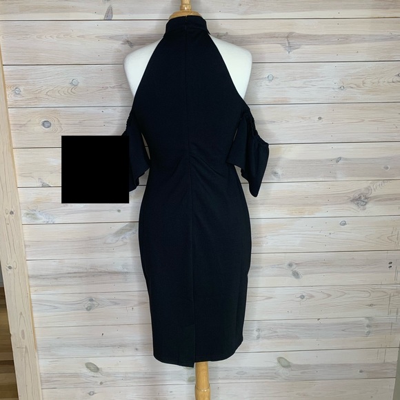 Black Mock Neck Off the Shoulder Mini Dress Bodycon - Picture 6 of 12